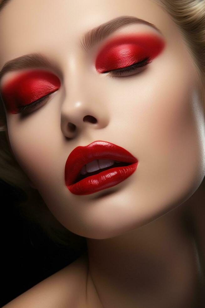 ai gegenereerd een detailopname van een vrouw gezicht met perfect toegepast rood lippenstift. foto