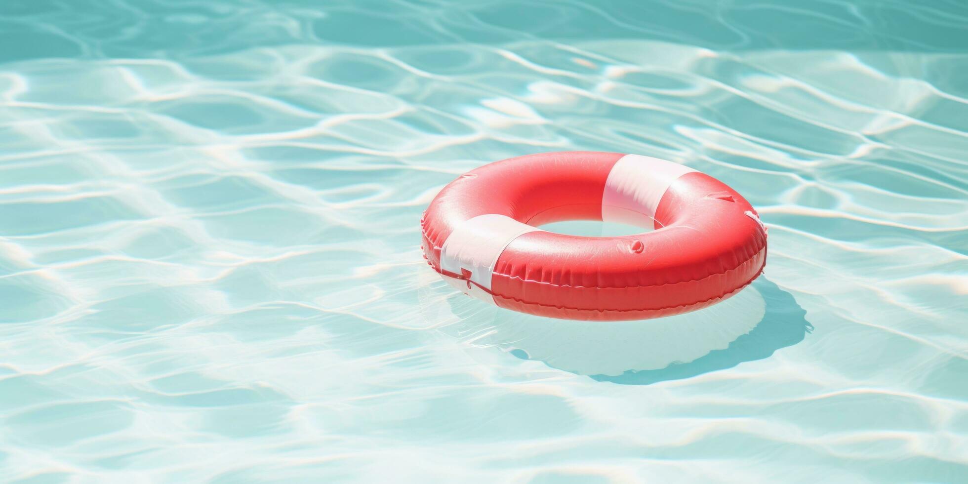 ai gegenereerd rood opblaasbaar zwemmen ring drijvend in een blauw zwembad foto