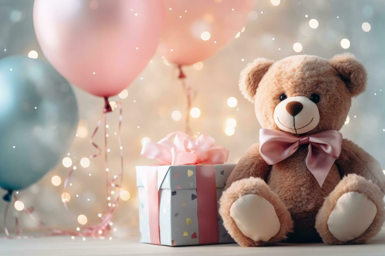 ai gegenereerd verjaardag met een beer Holding geschenk en ballonnen foto