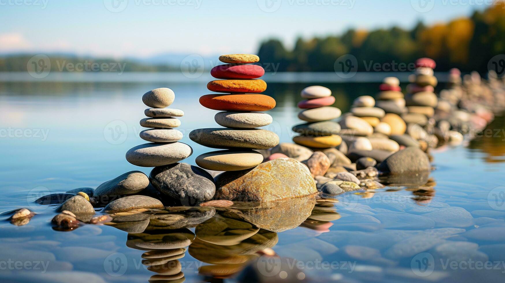 ai gegenereerd steen steenhoop reeks Aan de Rechtsaf kant tegen een zee vervagen achtergrond, een toren van stenen, gemakkelijk evenwicht stenen eenvoud, harmonie, en evenwicht, een sereen rots zen tafereel, kust- meditatie foto