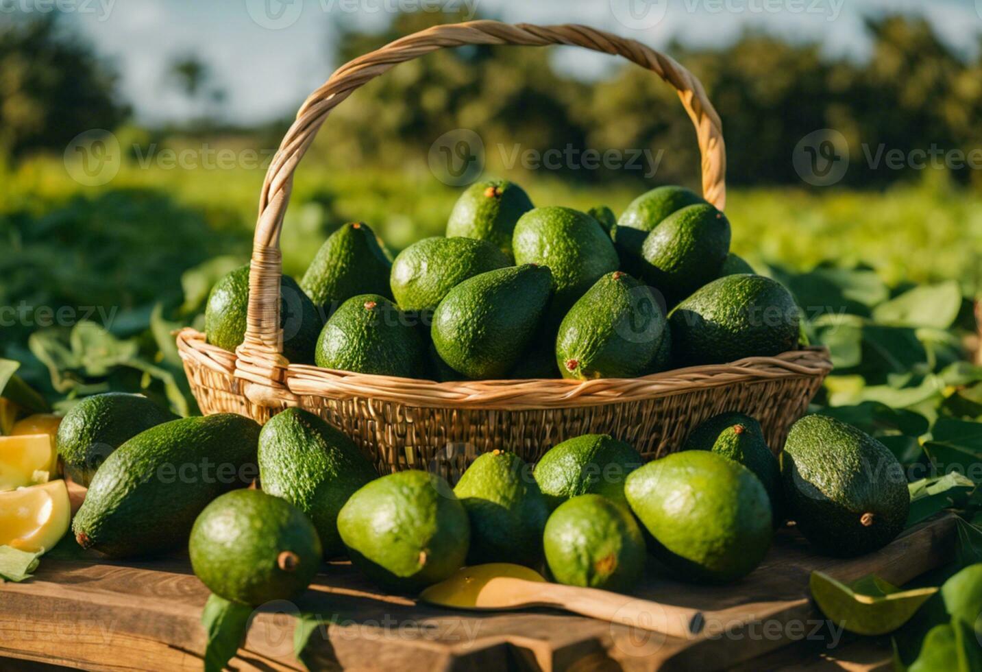 ai gegenereerd romig oogst een mand van vers avocado's foto