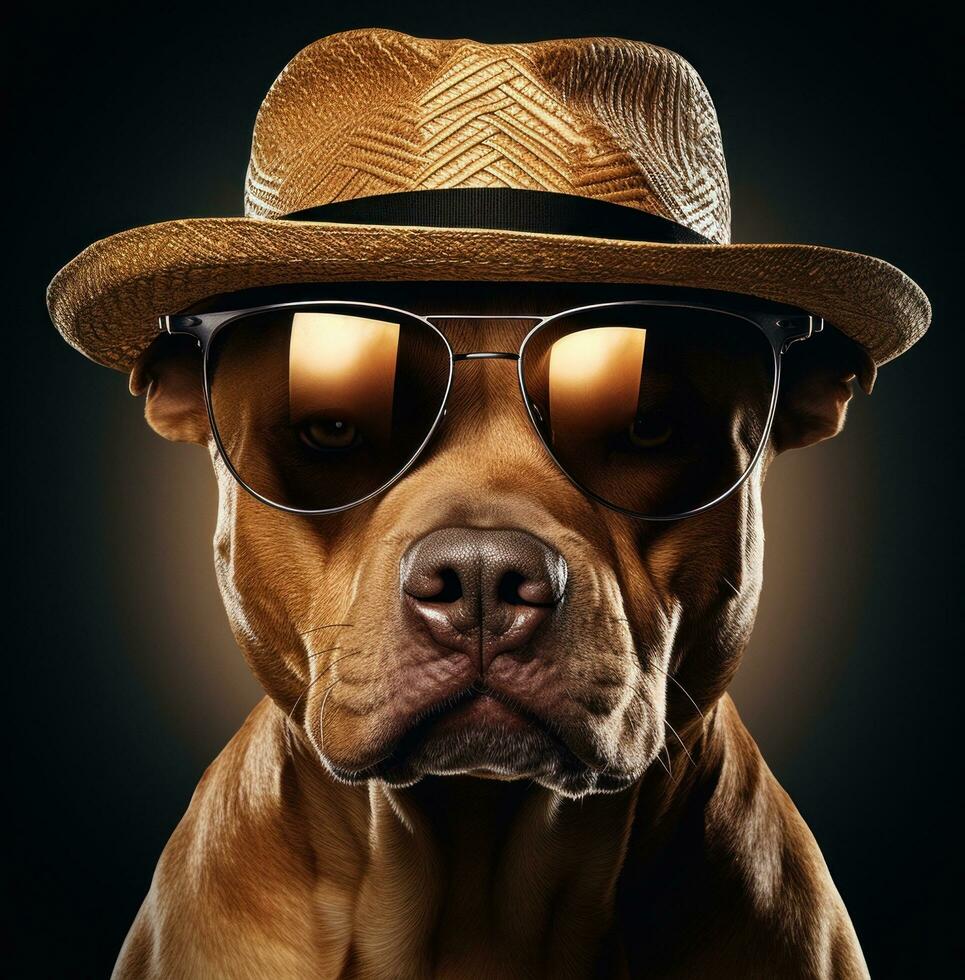 ai gegenereerd pitbull hond met zonnebril, hoed en rietje foto