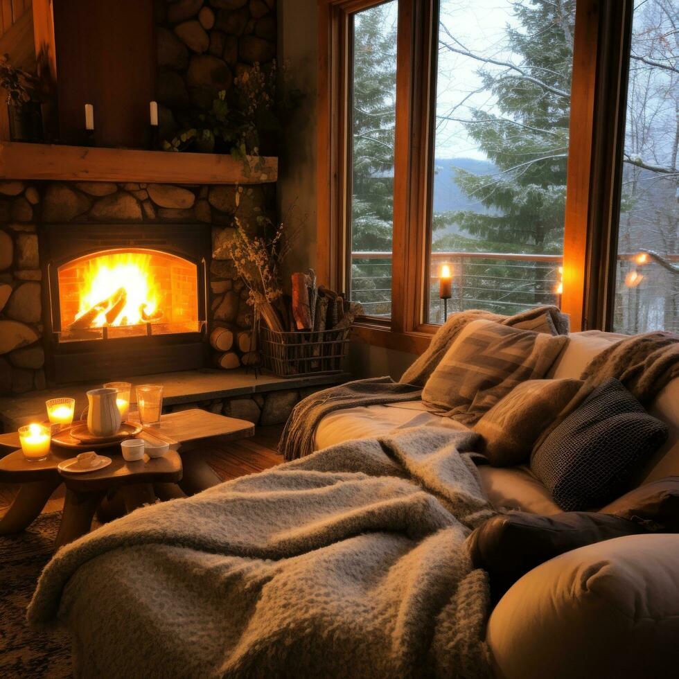 ai gegenereerd knus winter esthetiek, zacht dekens, warm lichten, creëren een uitnodigend en knus atmosfeer foto
