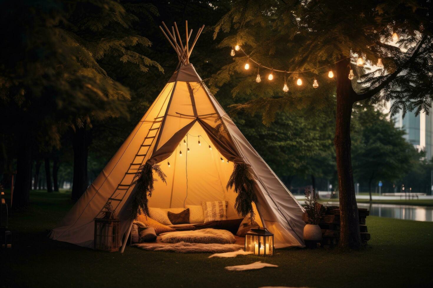 ai gegenereerd een tipi tent zittend Aan gras gevulde met boom takken foto