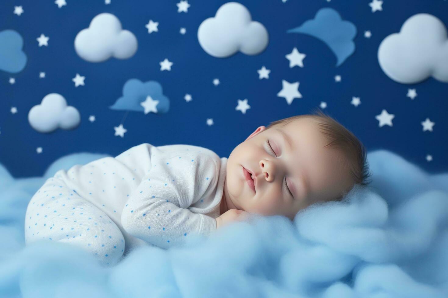 ai gegenereerd de baby slapen Aan de wolk met sterren in de achtergrond foto