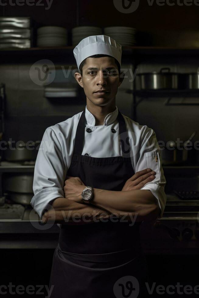 ai gegenereerd professioneel chef in de keuken foto