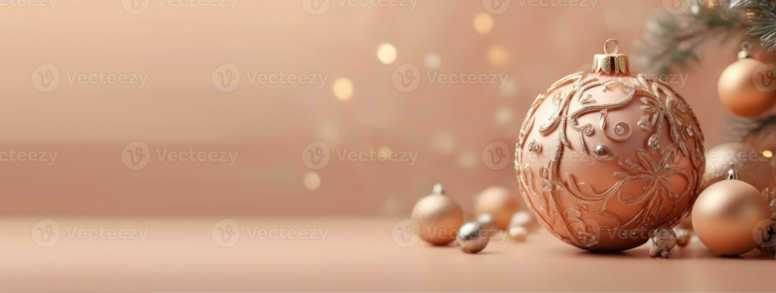 ai gegenereerd horizontaal banier, Kerstmis decoraties, Spar takken en Kerstmis ballen, bokeh effect, pantone kleur van de jaar, perzik dons, plaats voor tekst foto