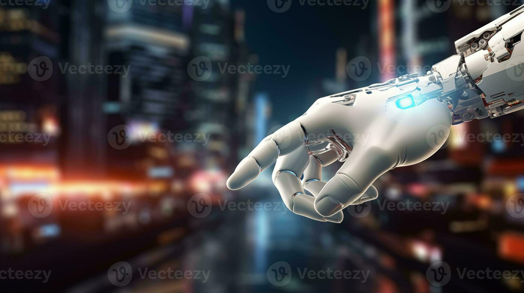 ai gegenereerd kunstmatig intelligentie- robot hand- Aan technologie achtergrond, technologie concept foto