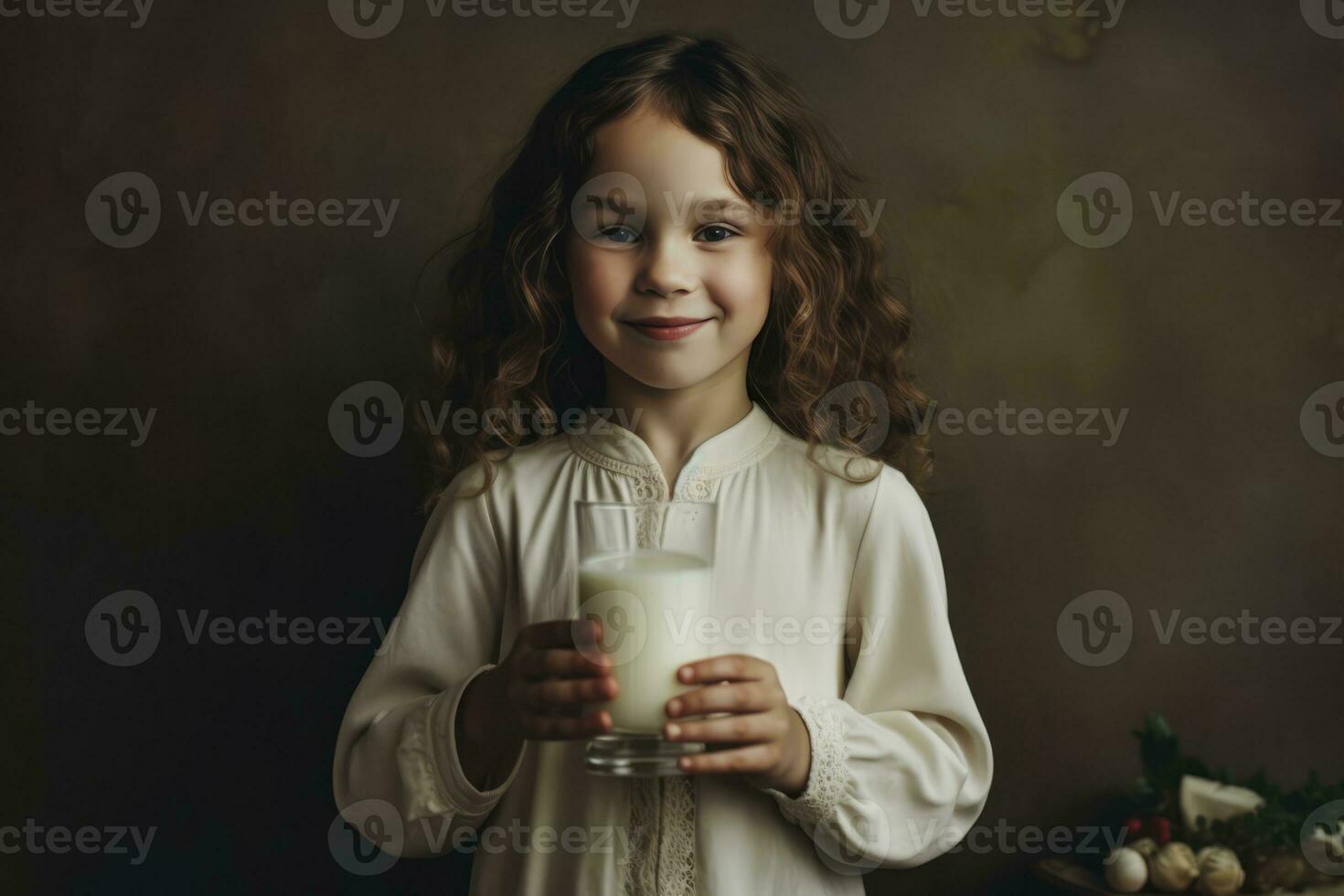 ai gegenereerd een gelukkig weinig meisje Holding een glas van melk foto