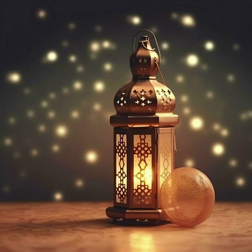 eid mubarak en Ramadan kareem groeten met Islamitisch lantaarn en moskee. eid al fitr achtergrond. eid al fitr achtergrond van venster concept door ai gegenereerd foto