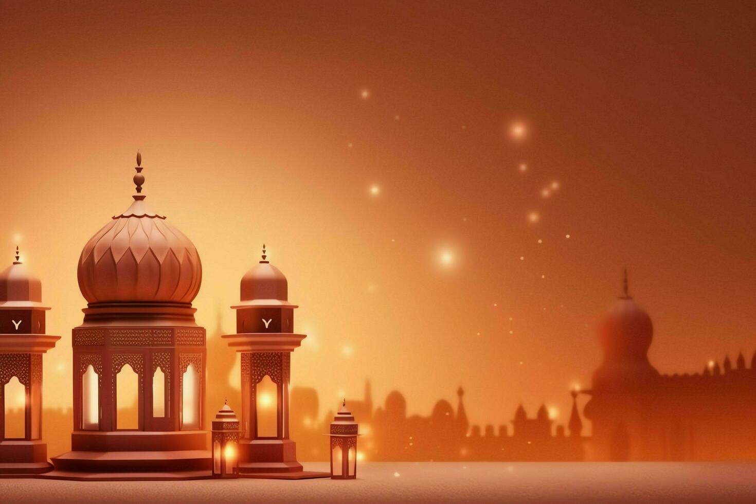 eid mubarak en Ramadan kareem groeten met Islamitisch lantaarn en moskee. eid al fitr achtergrond. eid al fitr achtergrond van venster concept door ai gegenereerd foto