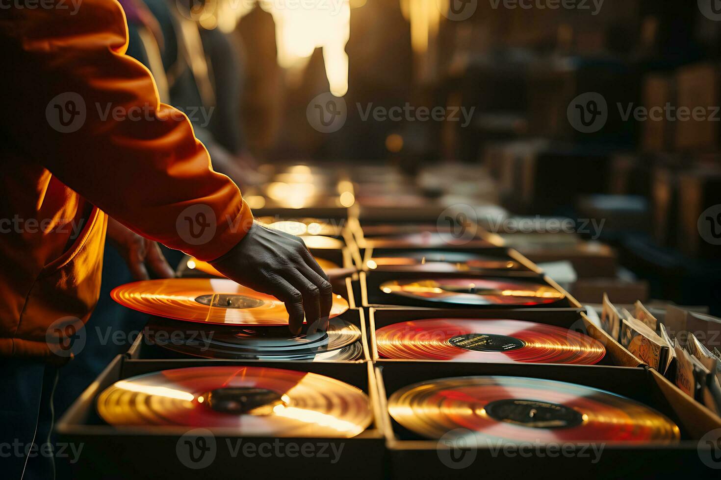 ai gegenereerd een Mens duurt een vinyl Vermelding van een doos. handen dichtbij omhoog. concept van luisteren naar muziek- samen in vinyl en audio bars foto