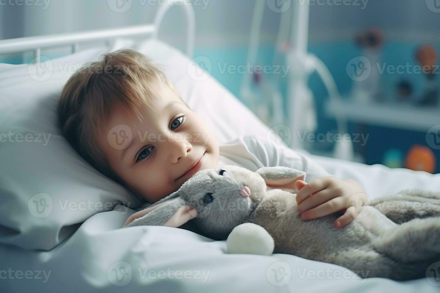 ai gegenereerd een ziek jongen leugens Aan een ziekenhuis bed in een ziekenhuis met een speelgoed- haas. de jongen looks Bij de camera en glimlacht foto