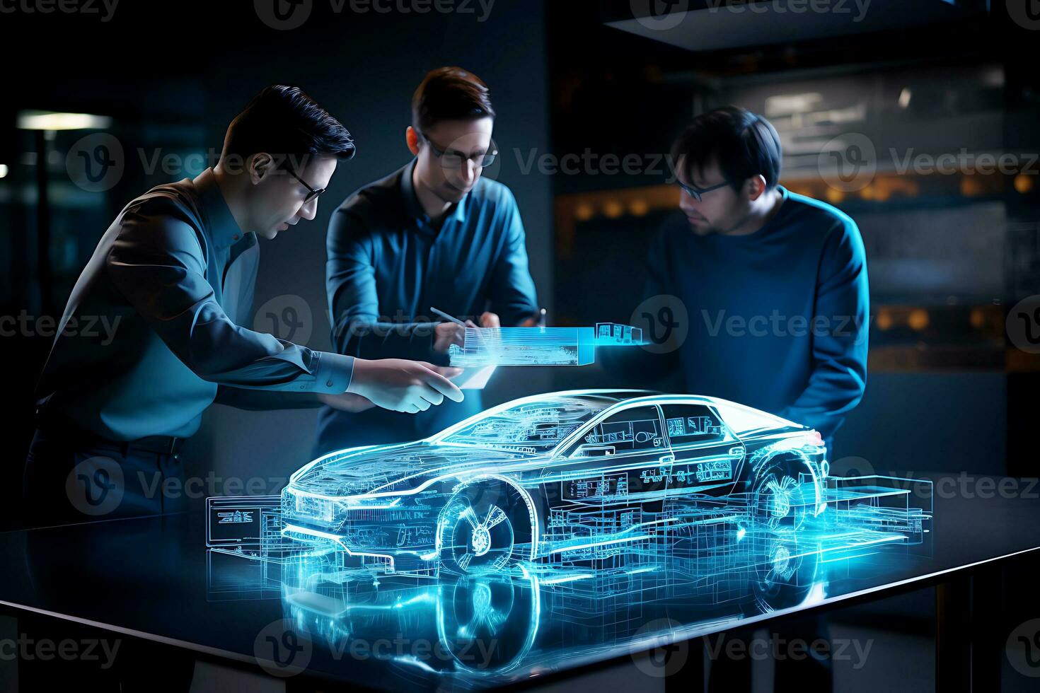 ai gegenereerd wetenschappers ingenieurs zijn werken Aan creëren een auto. mannen kijken Bij de hologram en denken over veranderingen foto