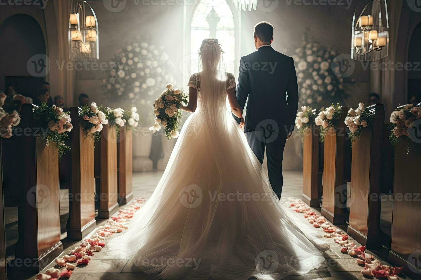 ai gegenereerd mooi Kaukasisch wit bruid en bruidegom samen in de kerk foto