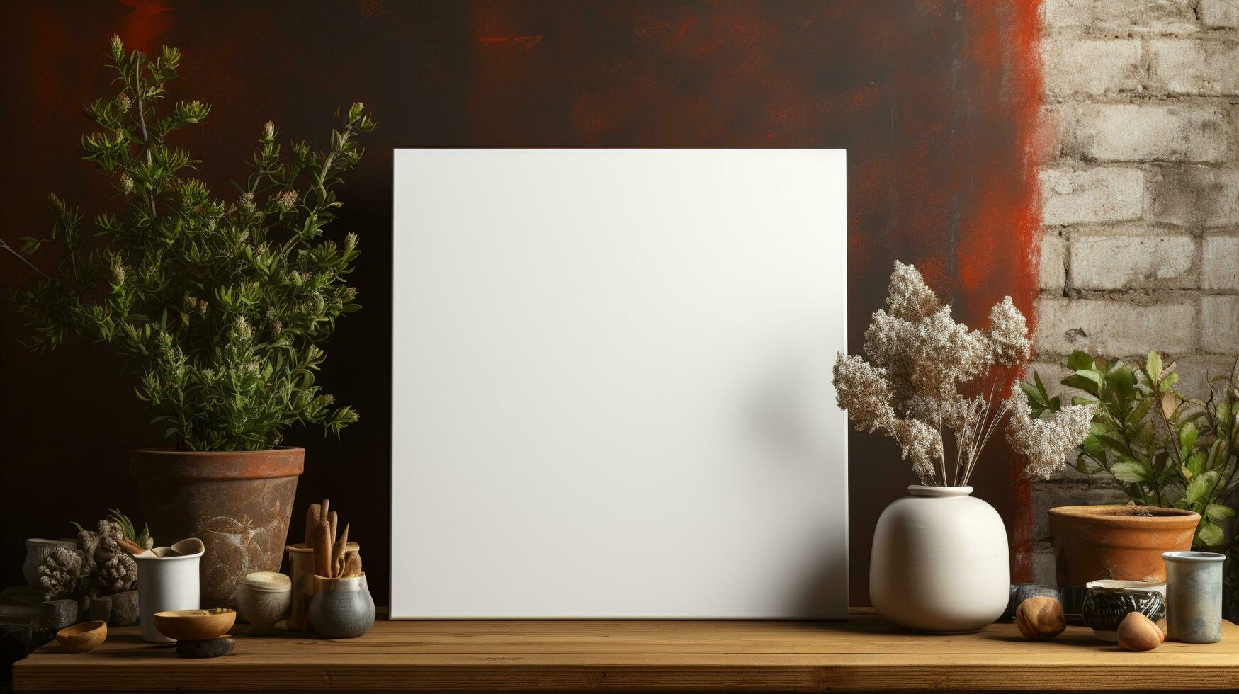 ai gegenereerd wit canvas voor mockup met wazig steen muur kamer interieur foto