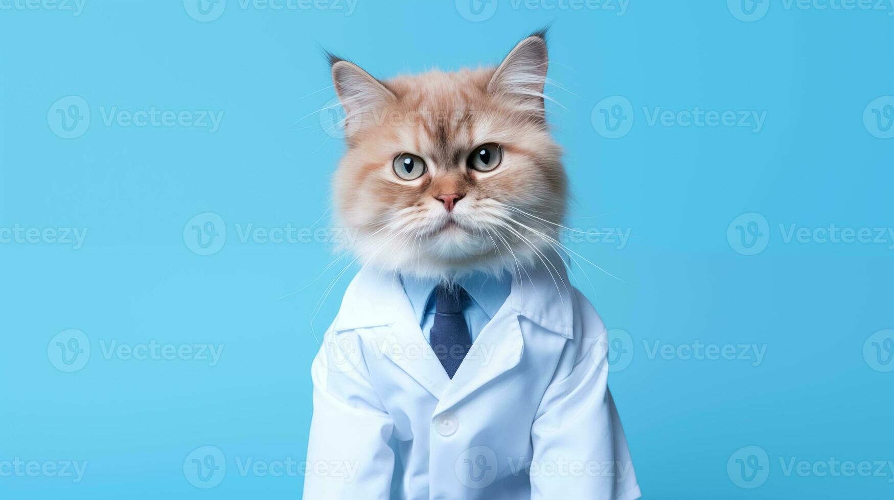 ai gegenereerd portret van een kat in een dokter jas Aan een blauw achtergrond. foto