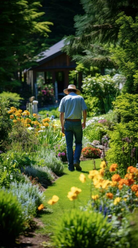 ai gegenereerd tuinman bewonderend hun tuin, staand tussen bloeiend bloemen en weelderig groen foto