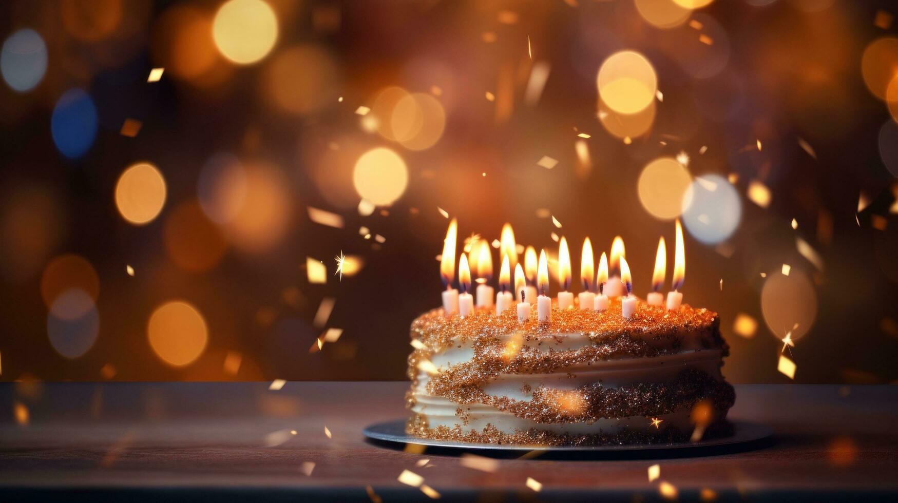 ai gegenereerd een verjaardag taart gloeiend met kaarsen, gieten een warm licht Aan feestelijk omgeving foto