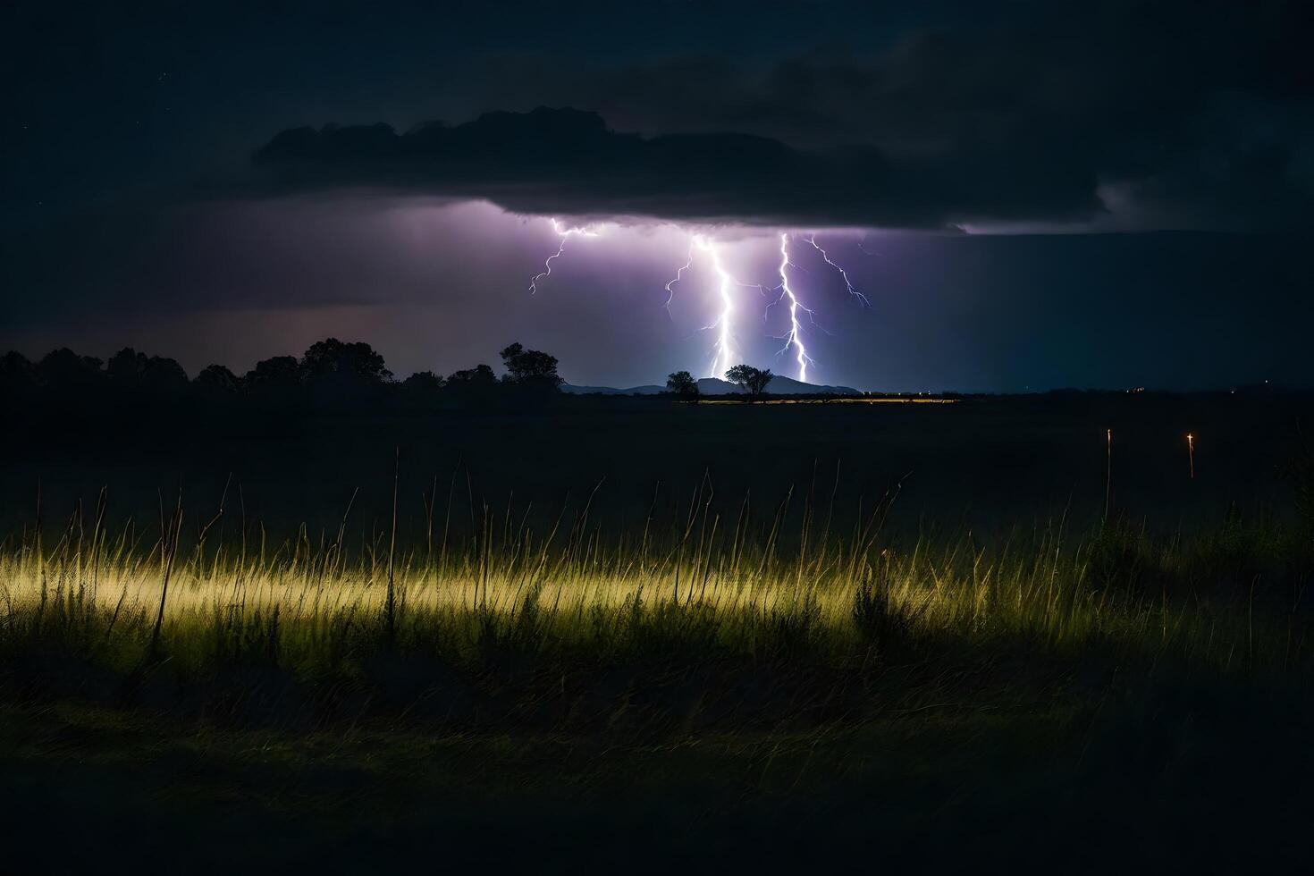 ai gegenereerd bliksem stakingen over- een veld- Bij nacht foto