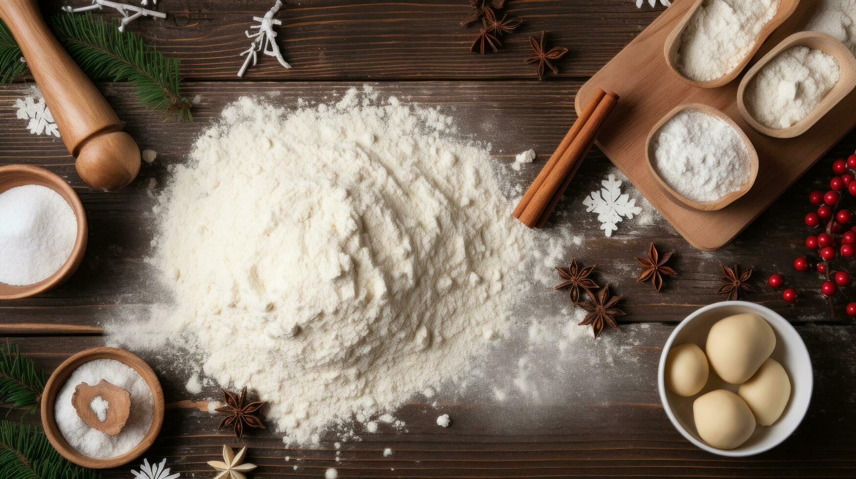 ai gegenereerd bakken benodigdheden, meel, suiker, koekje snijders, en een rollend pin, voor de Kerstmis bakken geest. foto