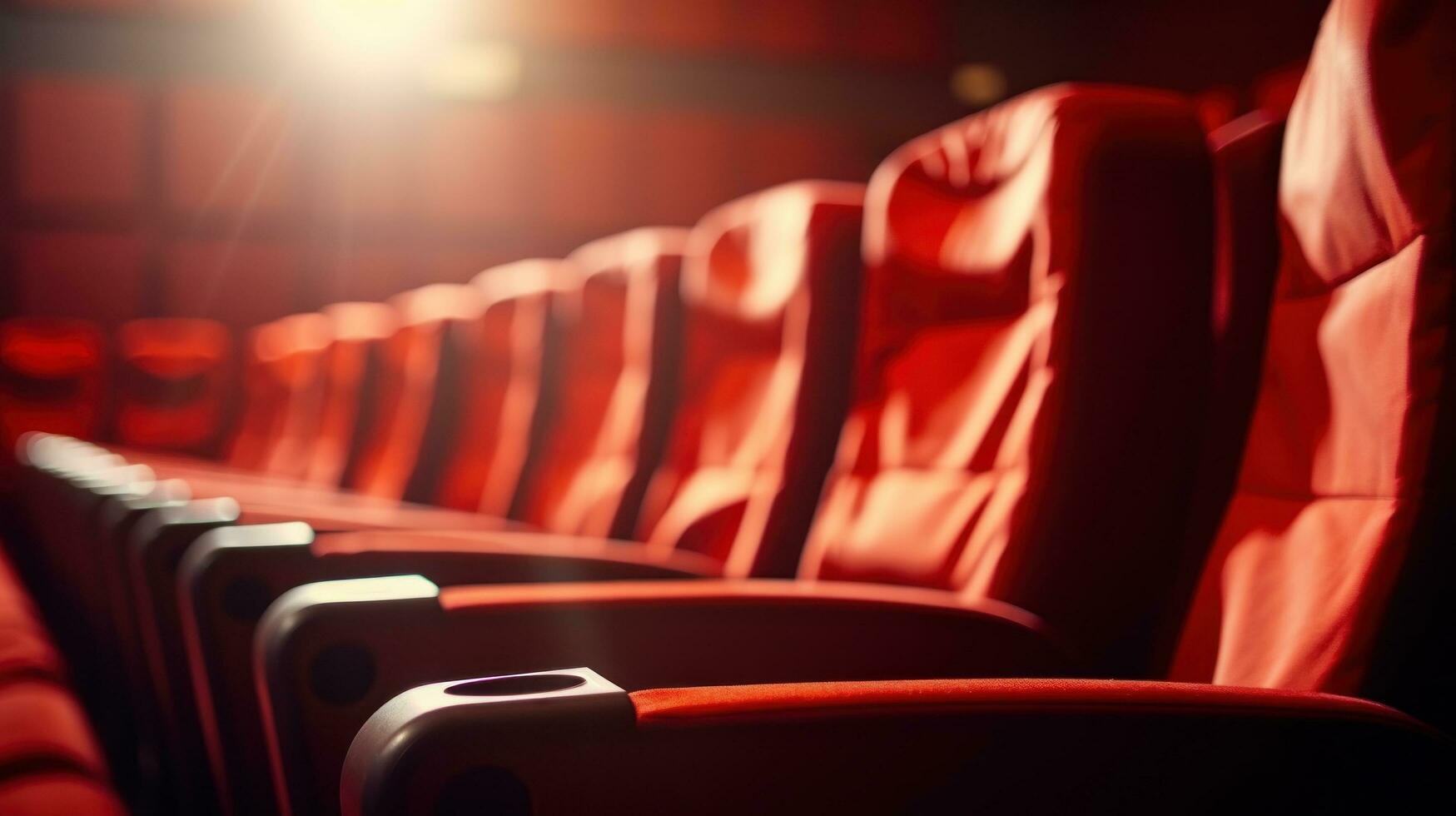 ai gegenereerd leeg film theater stoelen met een blanco scherm in de achtergrond, foto