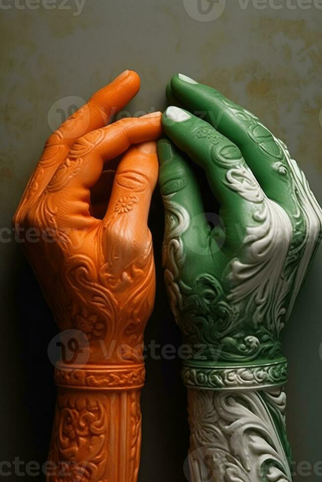 ai gegenereerd twee handen, een Holding een paar- van handen geschilderd in groen en de andere Holding een paar- van handen geschilderd in oranje. deze handen staan voor de vlaggen van verschillend landen, symboliseert eenheid en harmonie tussen divers nationaliteiten. foto