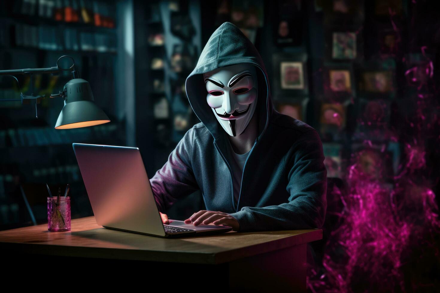ai gegenereerd een hacker vervelend anoniem masker en hacken pc. ai gegenereerd foto