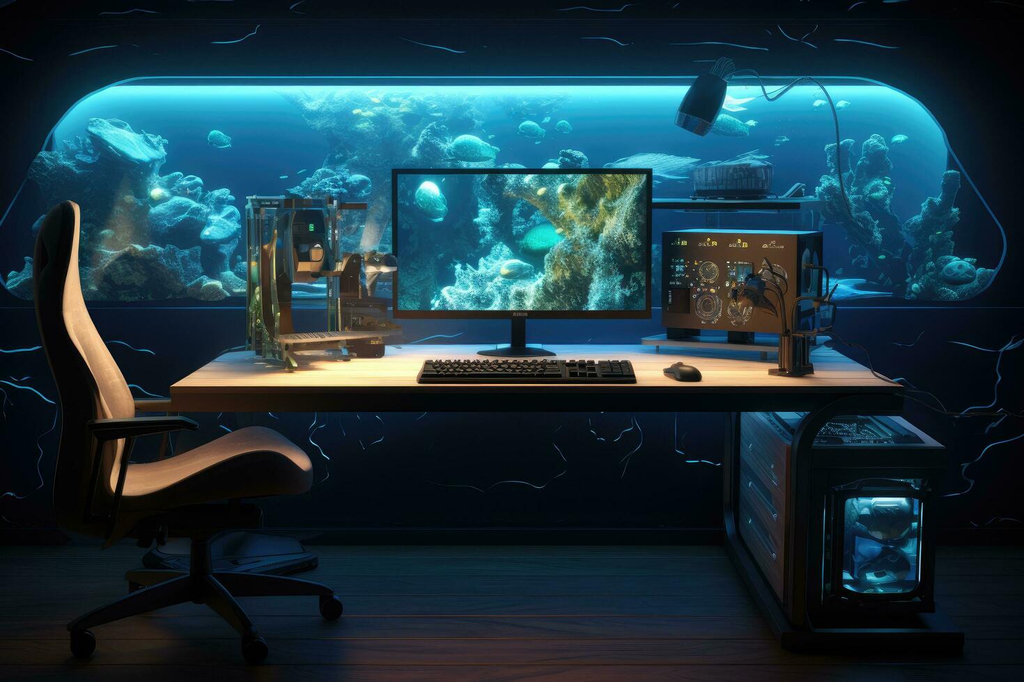 ai gegenereerd futuristische gaming kamer met monitoren en computers, 3d renderen van een computer kamer met een veel van gaming uitrusting , ai gegenereerd foto