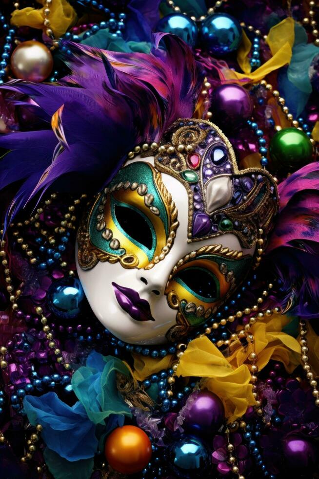 ai gegenereerd een levendig carnaval achtergrond gevulde met levendig kleuren, maskers, en feestelijk flair foto