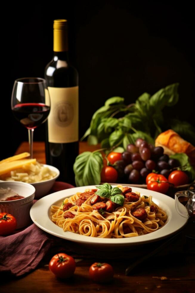 ai gegenereerd verrukkelijk avondeten verspreiding met pasta, wijn, en hartig geneugten foto