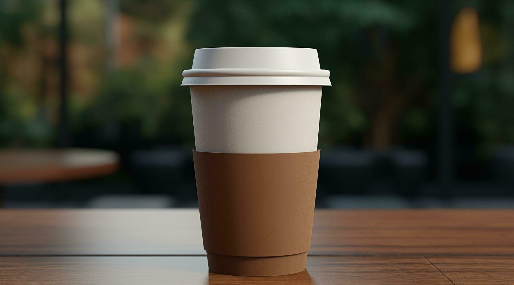 ai gegenereerd beeld van een koffie kop met een deksel Aan een tafel foto