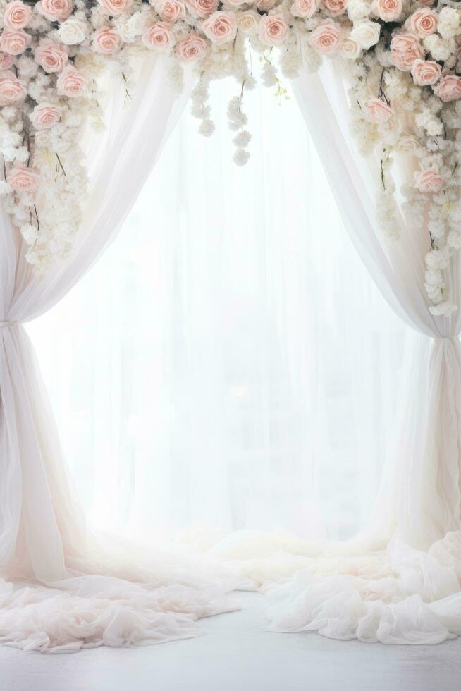 ai gegenereerd romantisch bruiloft achtergrond met ruimte voor geloften, bloemen, en tijdloos liefde foto