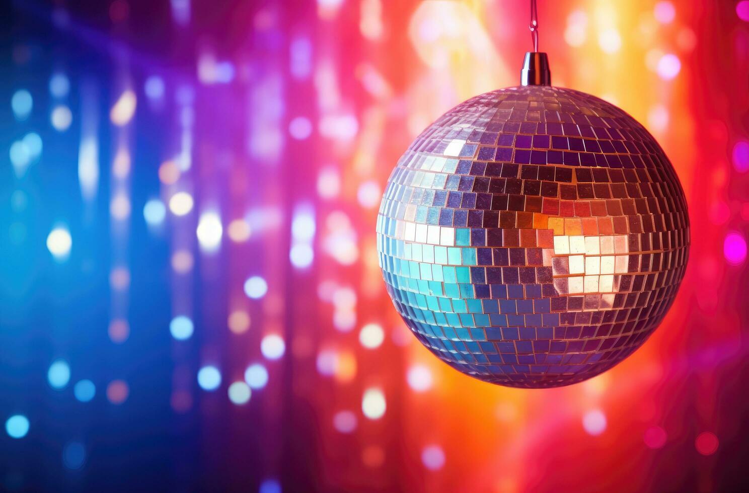 ai gegenereerd disco bal in voorkant van een kleurrijk achtergrond foto