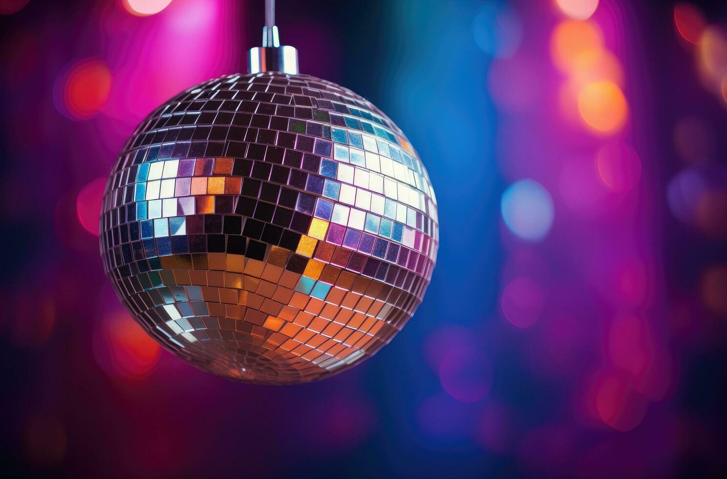 ai gegenereerd disco bal in voorkant van een kleurrijk achtergrond foto