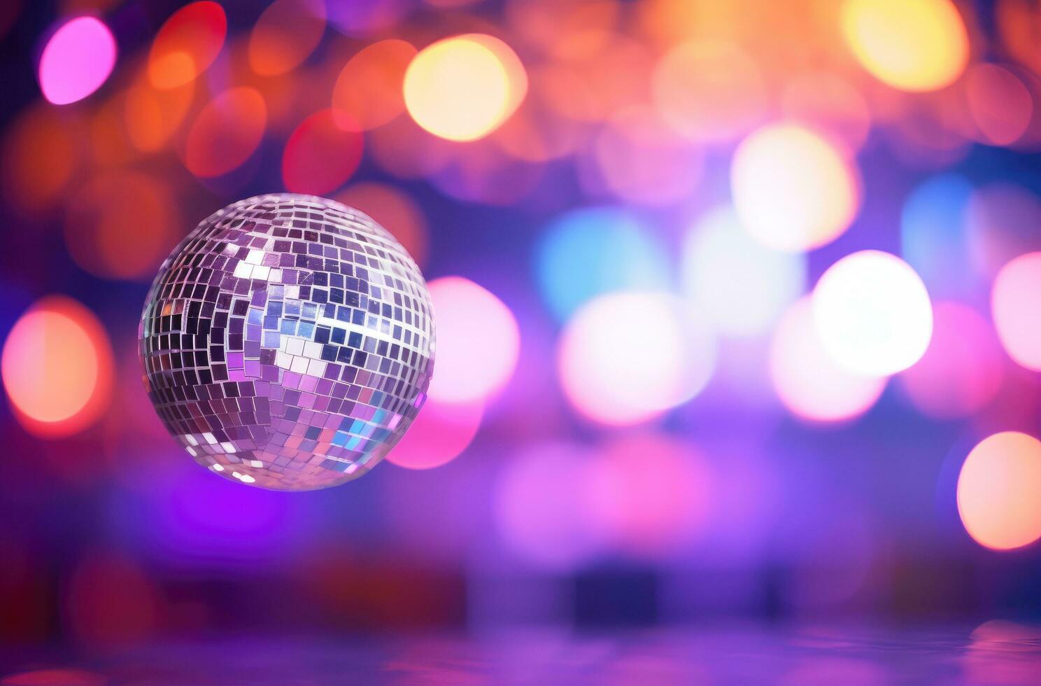 ai gegenereerd disco bal in voorkant van een kleurrijk achtergrond foto