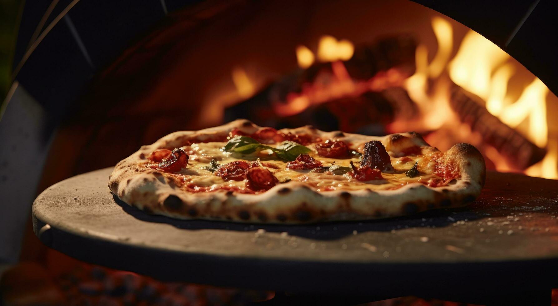 ai gegenereerd een pizza Koken in een hout brandend oven foto