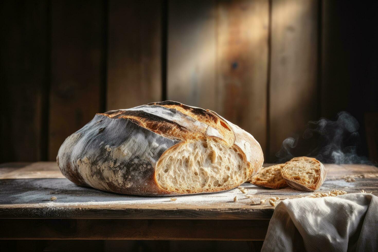 ai gegenereerd een groot brood van brood is zittend Aan een houten bord foto