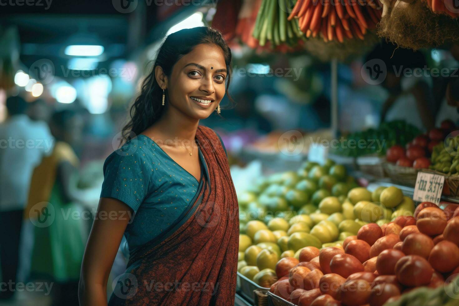 ai gegenereerd een vrouw poses in voorkant van een fruit staan Bij een markt, glimlachen en omringd door verschillend vruchten. foto