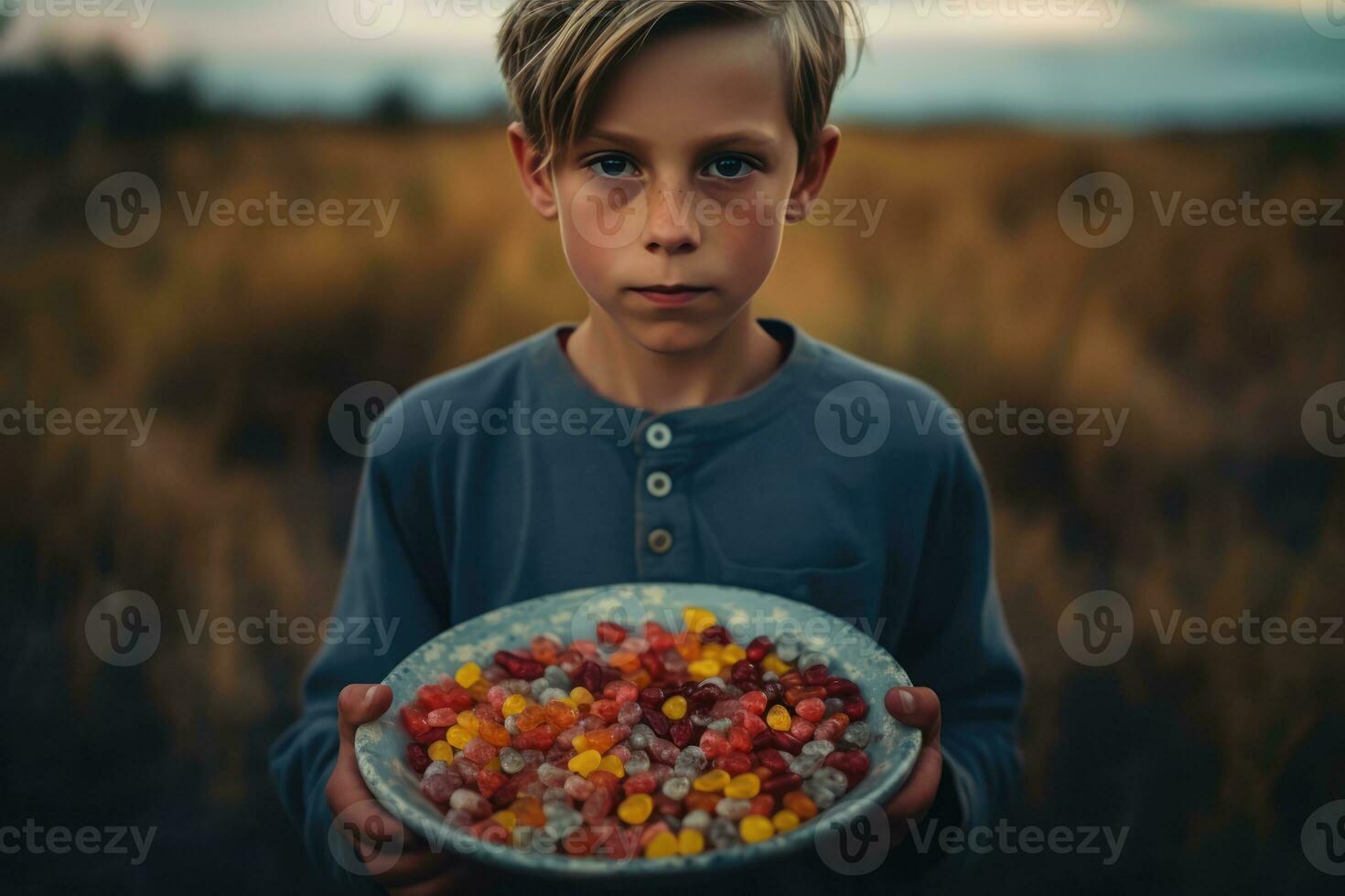 ai gegenereerd een jong jongen Holding een kom van kleurrijk marshmallows foto