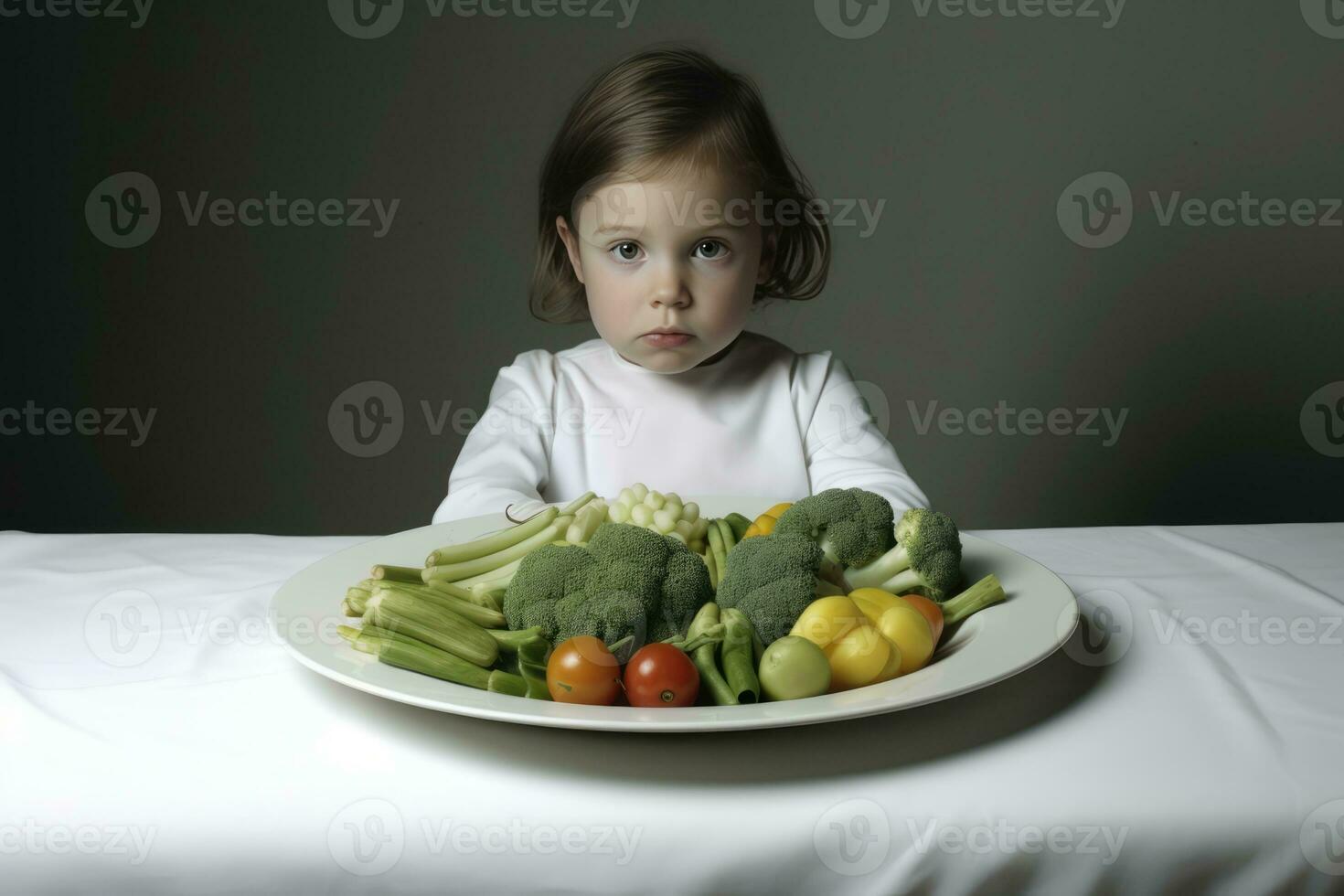 ai gegenereerd een weinig meisje zittend in voorkant van een bord vol van groenten foto