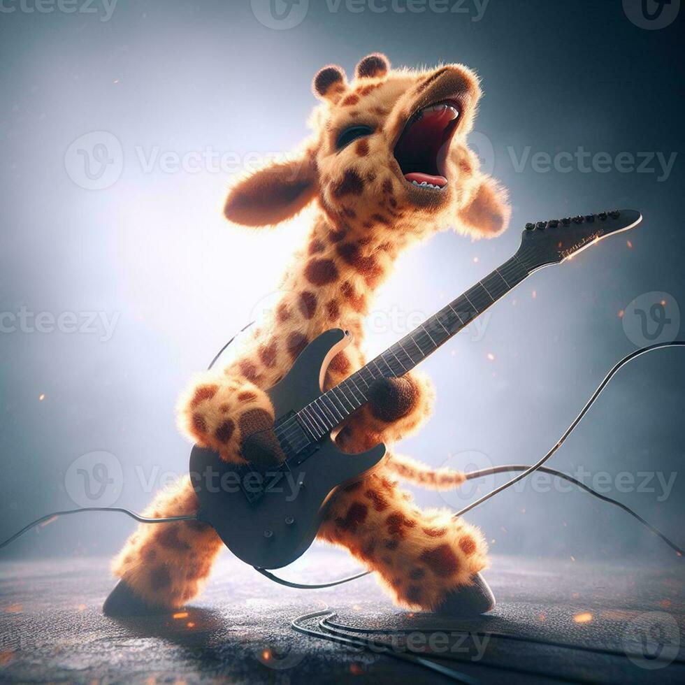 ai gegenereerd illustratie van een giraffe spelen gitaar, het zingen steen, gegenereerd door ai foto