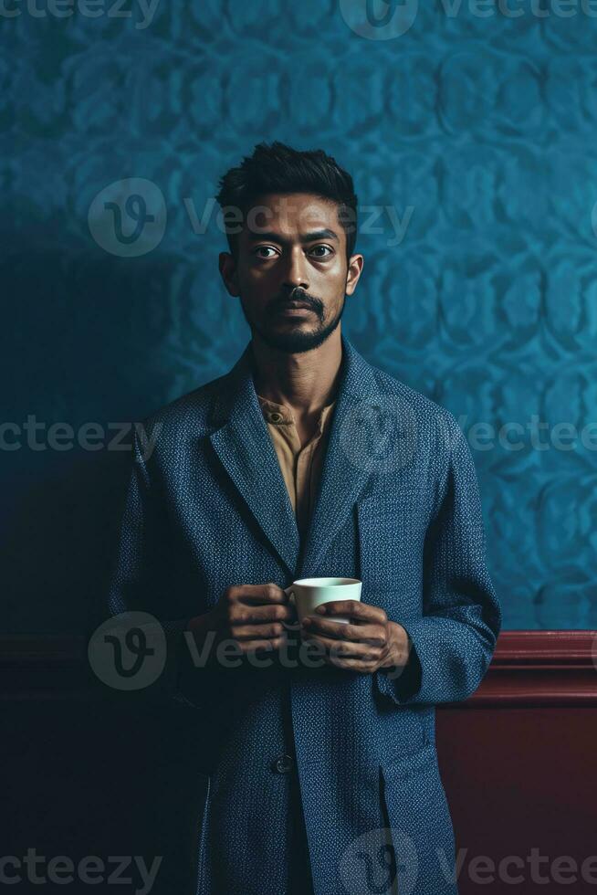 ai gegenereerd een Mens in een pak Holding een kop van koffie foto