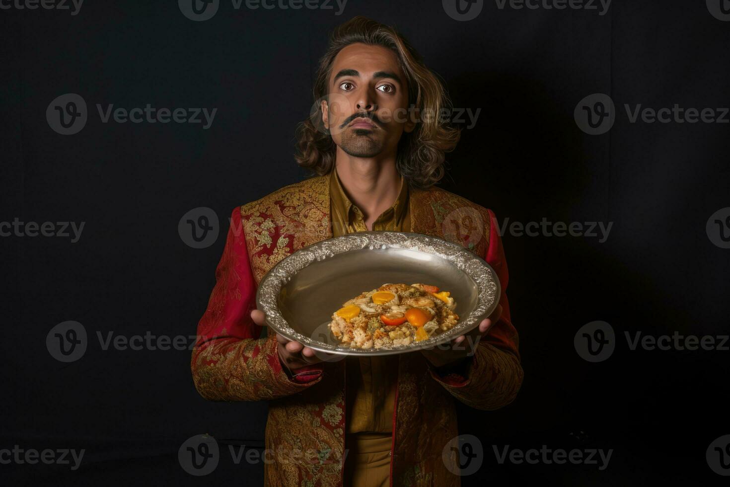 ai gegenereerd de exotisch Mens in de rood jasje Holding een zilver schotel foto