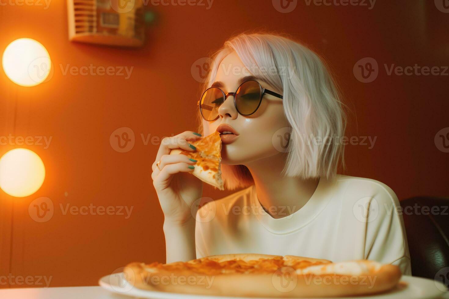 ai gegenereerd vrouw aan het eten pizza in een comfortabel huis instelling foto