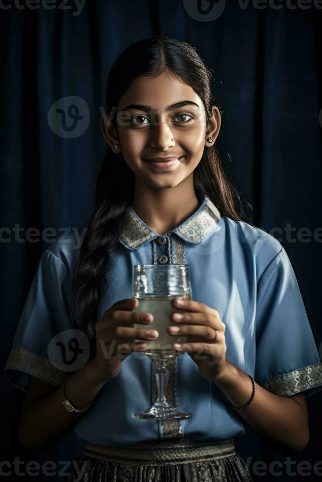 ai gegenereerd een jong meisje drinken water van een glas foto