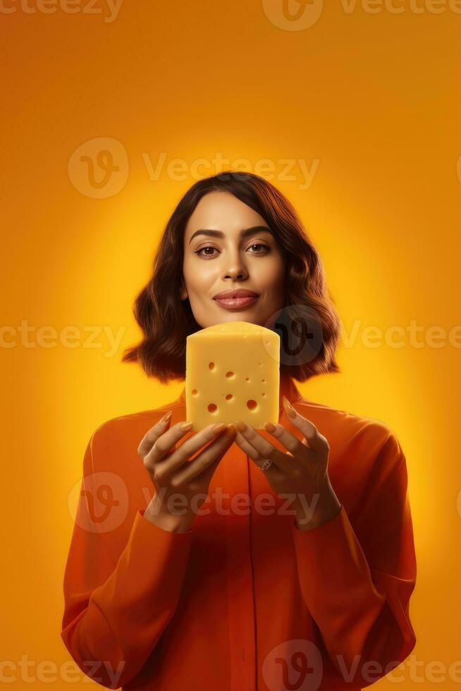 ai gegenereerd verleidelijk kaas advertentie met een mooi vrouw in een oranje jurk foto