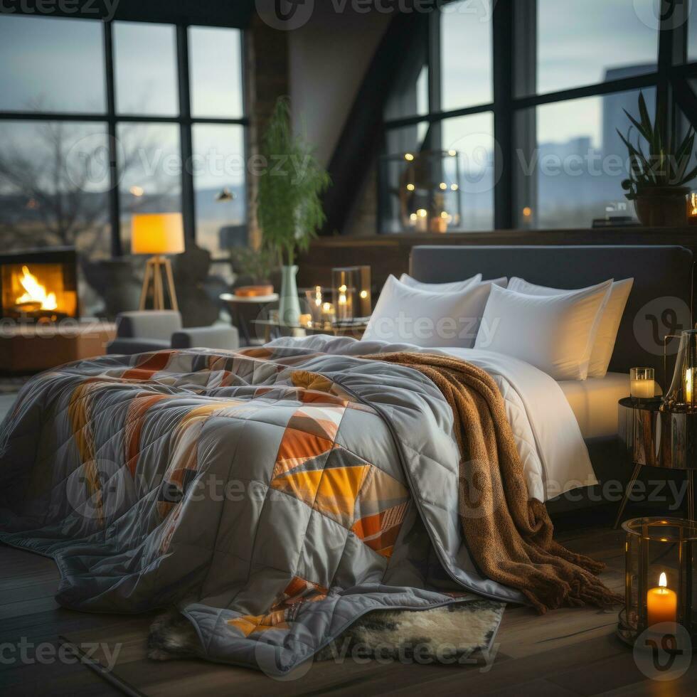 ai gegenereerd dekens Aan matrassen, stoelen en tafels zijn in de interieur concept huis voor hotels, resorts en luxe elegant huisvesting, voor rust uit, ontspannend, slapen foto