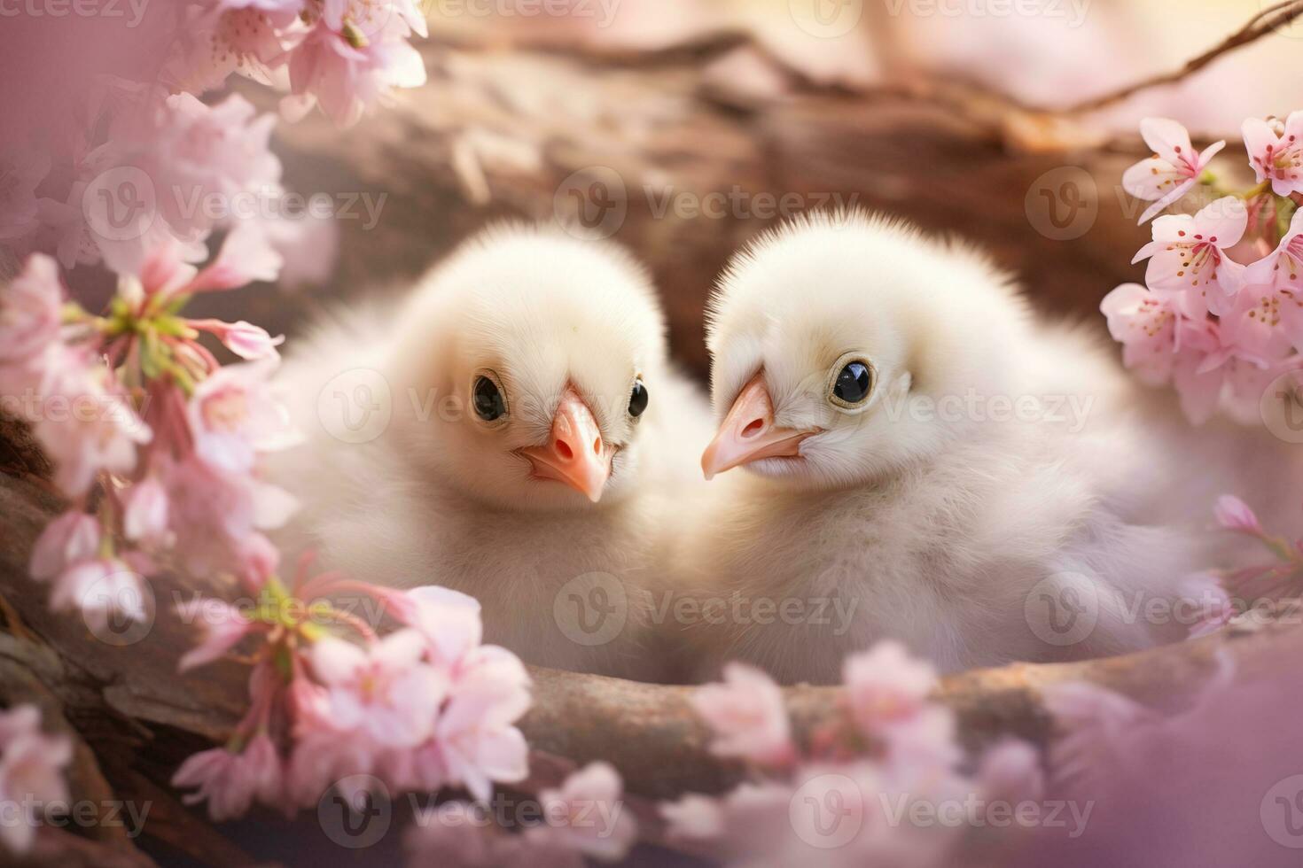 ai gegenereerd twee klein pluizig wit kuikens in een nest Aan een boom met roze bloemen. voorjaar en wild natuur. ai gegenereerd foto