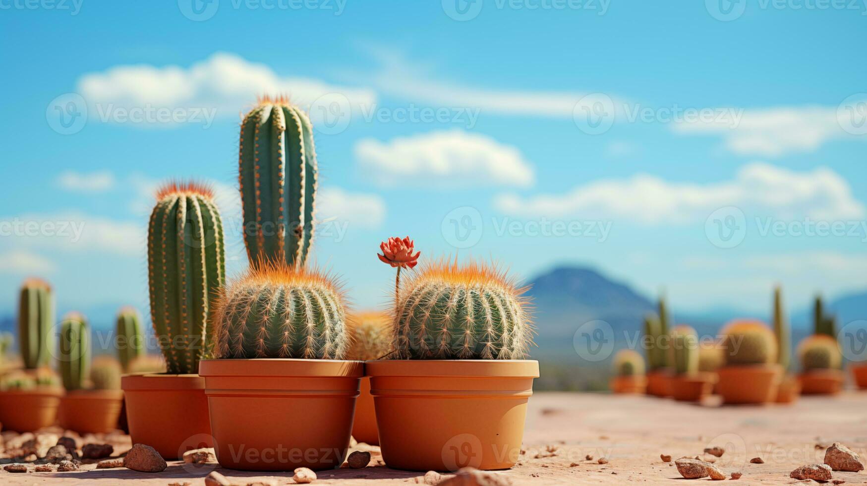 ai gegenereerd meerdere cactussen in potten tegen de achtergrond van een woestijn. plaats voor tekst. kopiëren ruimte. behang voor spandoek. ai gegenereerd foto